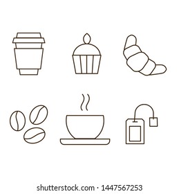 Coffee and tea Vector Line Icons Set. Breakfast: Cup of coffee and tea, grains, croissant, cupcake, tea bag