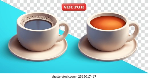 Café e chá em copos brancos, vetor 3d. Adequado para bebidas e elementos de design