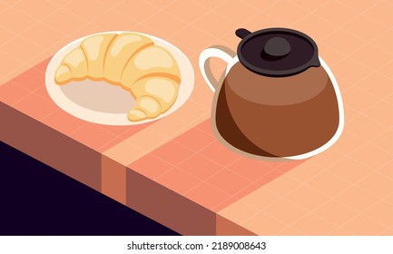 coffee teapot with croissant scene