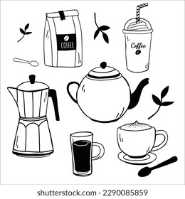 coffee teapot drink vector set kichen
