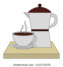 coffee teapot with tray and cup isolated icon