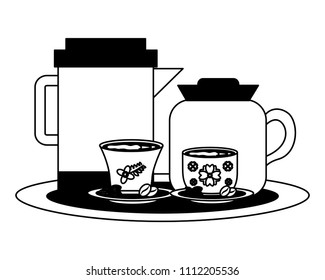 coffee teapots with cups isolated icon