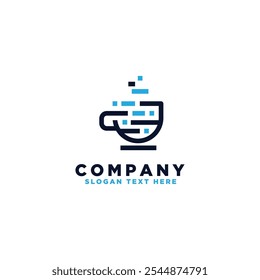 coffee technology logo design. coffee cup and data technology symbol in modern minimalist style