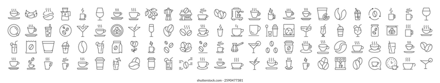 Coffee, Tee, Cups, Grain Related Linear Illustrations Drawn with Thin Line for Interface, Booklets, Cards, Posts, Infographics 