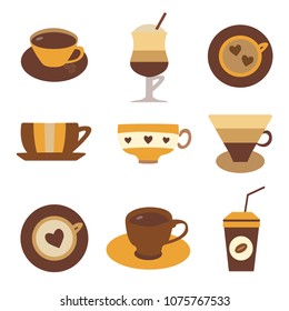 Coffee, tee and hot chocolate in different cups. Colorful mugs for hot drinks, beverages to go. Espresso, latte, cappuccino in glasses and cups. Coffee shop, confectionery, cafe of restaurant brews.