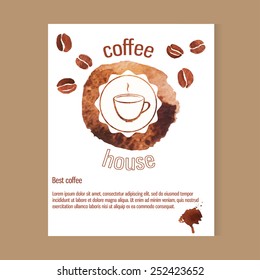 Coffee template. Card with watercolor splash, coffee beans and place for text.