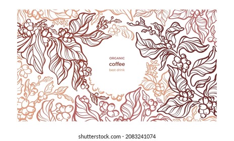 Coffee template. Graphic tropical plantation, sketch branch, raw bean on white background. Arabica aroma drink. Art graphic illustration. Circle place for text