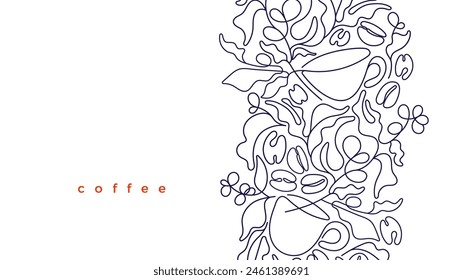 Coffee template. Vector plantation, abstract beans in minimal line style. One continuous line for cafe background. Simple graphic design. Hot drink, espresso cup