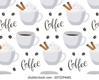 Coffee text with brown and cremy coffee mugs seamless pattern. Vector calligraphy lettering Template for coffee shop, restaurant, cafe. For menu, pack design, print design, poster, web banner.