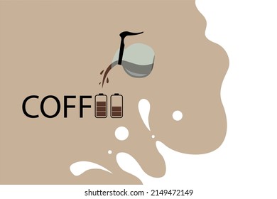 Coffee text with charge battery on beige background with milk. Vector illustration.