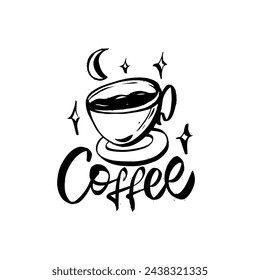 Coffee text and coffee cup sign. Vector art. Isolated on white background.