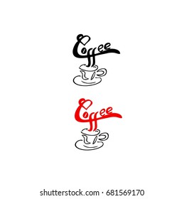 Coffee text and coffee mug with heart. Vector illustration.