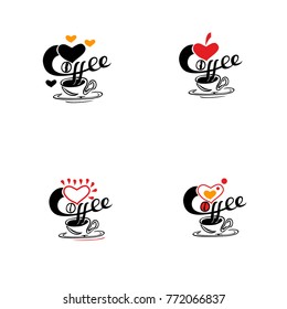 Coffee text and coffee mug with heart. Vector illustration. Set.