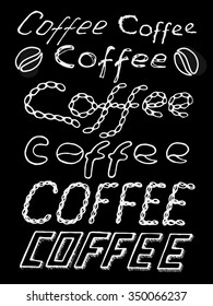 Coffee text signs on black background. Hand drawn. Vector illustration.