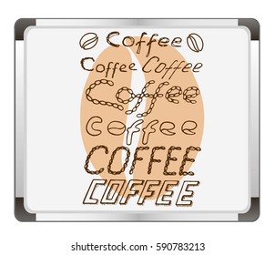 Coffee text signs on flip chart background. Free hand drawn. Vector illustration.