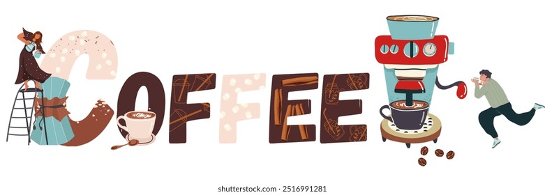  Coffee text, tiny people with coffee equipment, coffee maker, coffee machine, pot. Word, huge letters, inscription. Hand drawn vector illustration. 