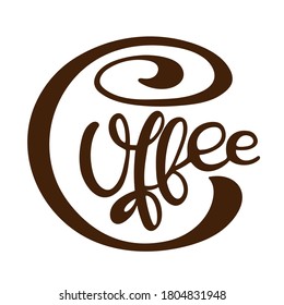 Texto del café. Ilustración de caligrafía vectorial. Diseño escrito a mano. Afiche de texto minimalista en braun y blanco. Logo para la compañía cafetera. Plantilla de banner o afiche para cafetería o restaurante