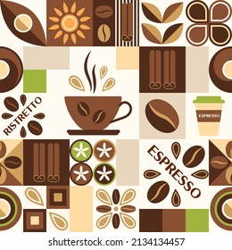 Coffee theme background with design elements in simple geometric style. Seamless pattern with abstract shapes. Good for branding, decoration of food package, cover design, decorative print, background