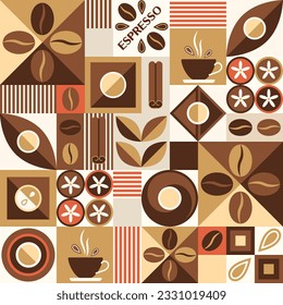 Coffee theme background with design elements in geometric style. Seamless pattern with icons, abstract shapes. Good for branding, decoration of food package, cover design, decorative print, background