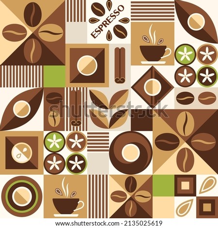 Coffee theme background with design elements in simple geometric style. Seamless pattern with abstract shapes. Good for branding, decoration of food package, cover design, decorative print, background