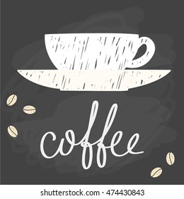 Coffee theme. Doodle handmade sketch coffee cup background. Hand drawn coffee letters.
