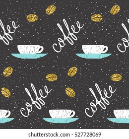 Coffee theme. Doodle handmade sketch coffee cup seamless background. Hand drawn coffee letters. Gold texture.
