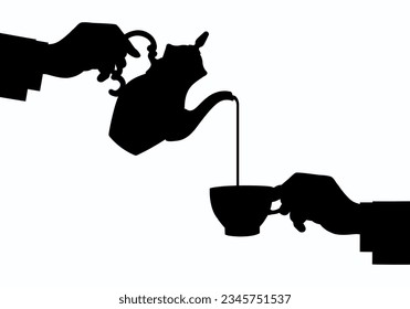 Coffee theme in a flat style. Black silhouette. Hands of a man and a woman with a coffee pot and a coffee cup. Vector illustration
