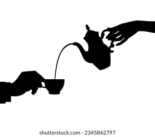 Coffee theme in a flat style. Black silhouette. Hands of a man and a woman with a coffee pot and a coffee cup. Vector illustration