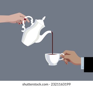 Coffee theme in flat style. Hands of a man and a woman with a coffee pot and a coffee cup. Vector illustration