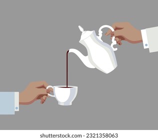 Coffee theme in a flat style. The hands of men with a coffee pot and a coffee cup. Vector illustration