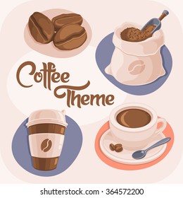 Coffee Theme Icons Set Isolated on Beige Background. (Coffee Beans, Bag, Paper Cup and Ceramic Cup). Vector Illustration.
