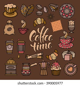 Coffee Theme Icons Set in Minimalistic Outline Doodle Style. Calligraphic Lettering Coffee Time. Vector illustration. 