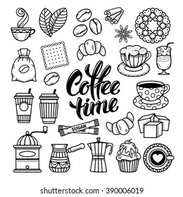 Coffee Theme Icons Set in Minimalistic Outline Hand Drawn Doodle Style. Calligraphic Lettering Coffee Time. Vector Illustration. Isolated on White Background.