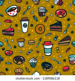 Coffee theme seamless background. Colorful doodle style set of objects on coffee theme. Coffee cups and desserts. Exellent for menu design and cafe decoration. Vector cartoon illustration