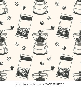 Coffee theme seamless pattern with cups, coffee grinder and beans. Cafe menu background. Hand drawn sketch.