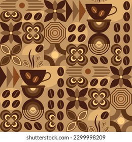 Coffee theme seamless pattern in simple geometric style with abstact shapes. Dark roast level coffee. Good for branding, decoration of food package, cover design, decorative print, background