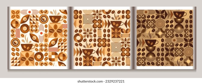 Coffee theme seamless patterns in simple geometric style with abstacr shapes. Light, medium, dark roast level coffee For branding, decoration of food package, cover design, prints, background