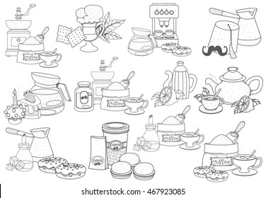 Coffee theme set of icons. Drinks and food. Outline drawings.