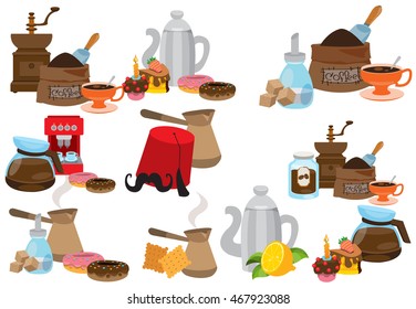 Coffee theme set of icons. Drinks and food.