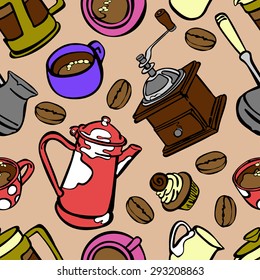 Coffee. Coffee theme. Set number two. Desserts. Vector seamless illustration with image of coffee, coffee pots, coffee cups, cake, coffee beans, coffee stains. Bright picture. Hot invigorating drink.