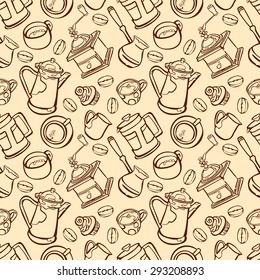 Coffee. Coffee theme. Set number two. Desserts. Vector seamless illustration with image of coffee, coffee pots, coffee cups, cake, coffee beans, coffee stains. Bright picture. Hot invigorating drink.