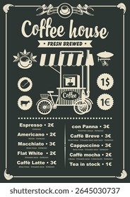 Banner com tema de café com máquina de café, grãos de café, copos, dirigível e etiquetas de preço em quadro vintage com inscrição de casa de café. Logotipo, menu, etiqueta, placa para café ou loja. A IA não é usada