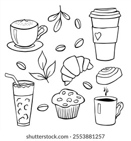 Coffee themed doodle set, in black and white tones. Vector illustration. Hand drawn. Suitable for cafe or coffee lover, decorative works.