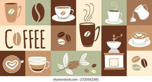 Flaches Illustrationssatz zum Thema Kaffee mit Tassen, Bohnen und Brauelementen in warmen erdigen Farben, minimalistischer Retro-Stil