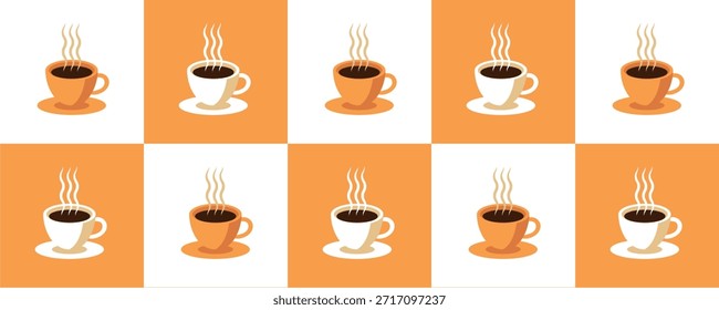 Coffee Themed Geometric seamless pattern in Bauhaus style. Abstract mosaic background. Coffee icons, line design with simple shapes for coffee shops, cafe walls, and menu.