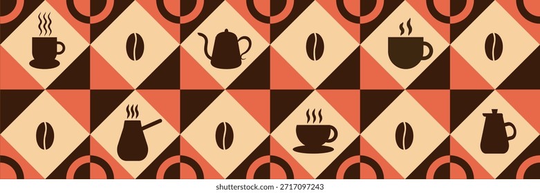 Café temático patrón geométrico sin fisuras en estilo Bauhaus. Fondo de mosaico Abstractas. Iconos de café, diseño de línea con Formas simples para cafeterías, paredes de cafetería y menú.