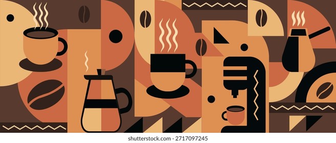 Café temático patrón geométrico sin fisuras en estilo Bauhaus. Fondo de mosaico Abstractas. Iconos de café, diseño de línea con Formas simples para cafeterías, paredes de cafetería y menú.
