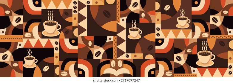 Café temático patrón geométrico sin fisuras en estilo Bauhaus. Fondo de mosaico Abstractas. Iconos de café, diseño de línea con Formas simples para cafeterías, paredes de cafetería y menú.
