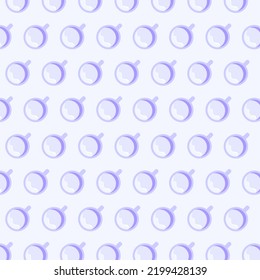 Coffee themed seamless pattern for poster, banner, wallpaper, wrapping paper, scrapbook, textile and other design. Flat pattern with mug or cup of coffee on purple background