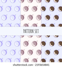 Coffee themed seamless pattern set for poster, banner, wallpaper, wrapping paper, scrapbook, textile and other design. Three flat pattern with mug or cup of black coffee on purple and beige background